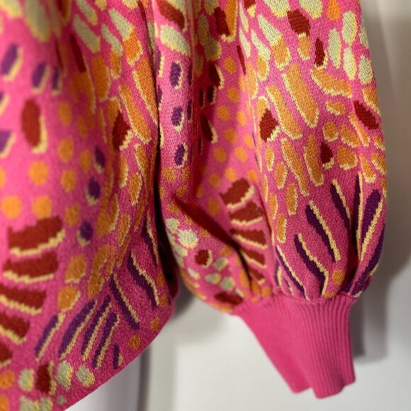 FATE SZ L Bright Pink Abstract Mock Neck Sweater Comfy Art to Wear Colorful - Picture 3 of 8